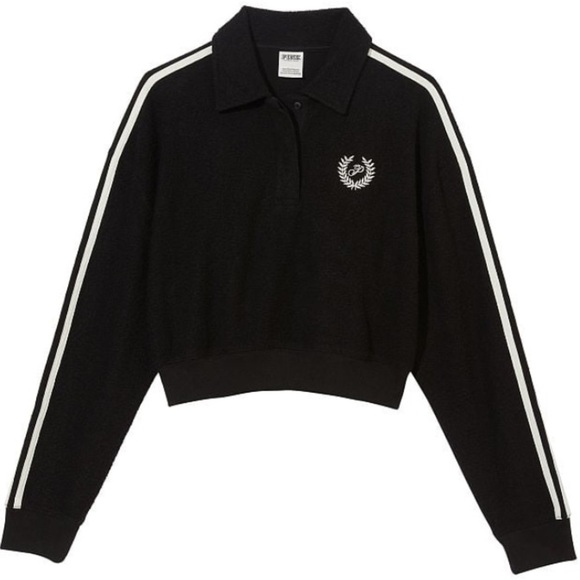 PINK Victoria's Secret Tops - Victoria’s Secret PINK Reverse Fleece Cropped Polo Sweatshirt Black NWT L